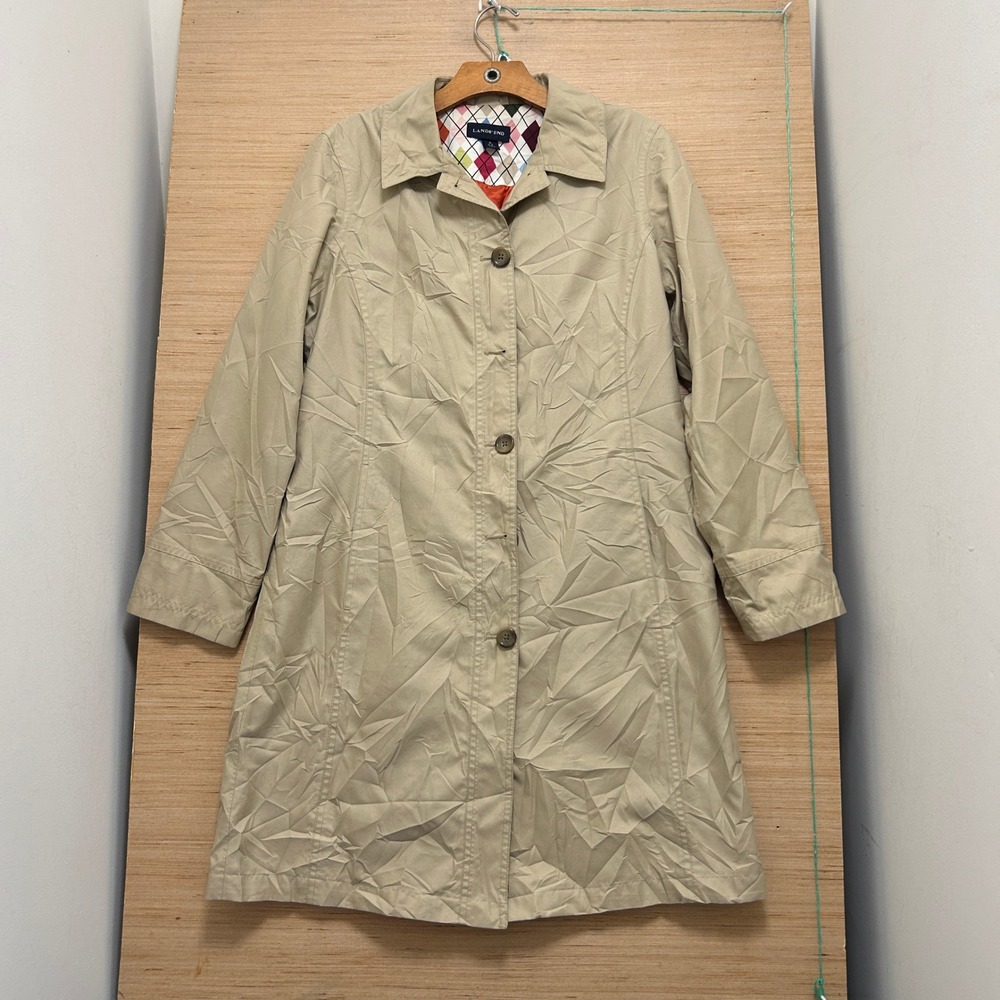 Lands End Womens Tan Khaki Argyle Lined Trench Coat Jacket Size S 6-8 7025
